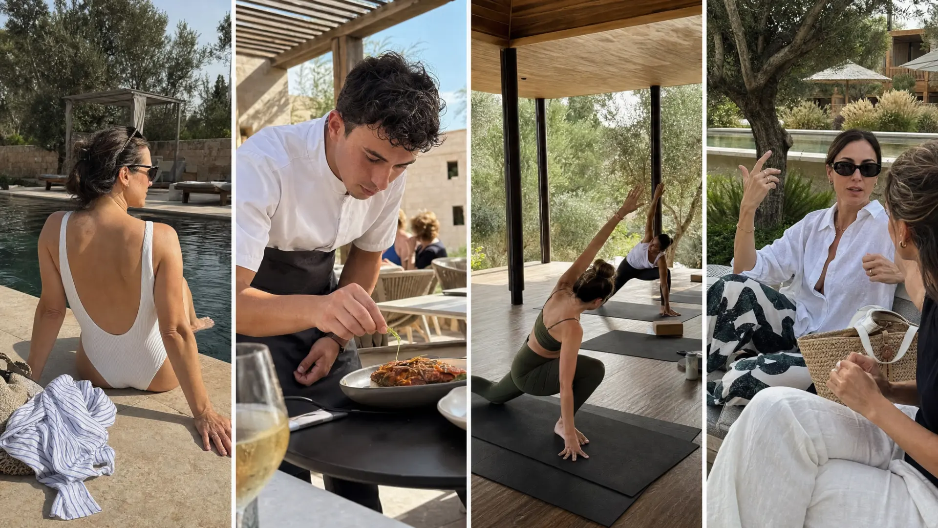 Mosaico de espacios del hotel: huésped en la piscina, chef emplatando en el restaurante, clase de yoga al aire libre y dos huéspedes conversando junto a la piscina