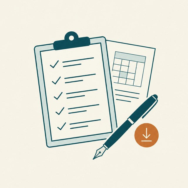 Ilustración de una checklist, un calendario y una pluma con el icono de descarga
